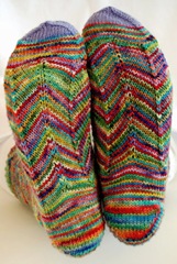 bottom sole of jaywalker socks knitted in pattern with koigu kpppm hand painted merino wool yarn