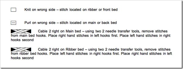 reversible cable machine knitting chart legend descriptions