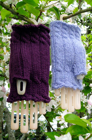 Knitty Fetching fingerless gloves knit with reynolds eternity wool microfiber yarn and mohair purple lavendar violet yarn