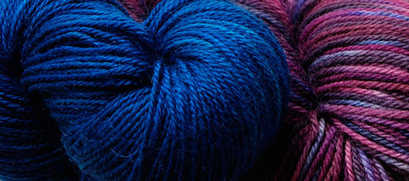 mountain colors hand painted bearfoot sock yarn superwash wool mohair nylon blend in blue and green woolbearers purple reign